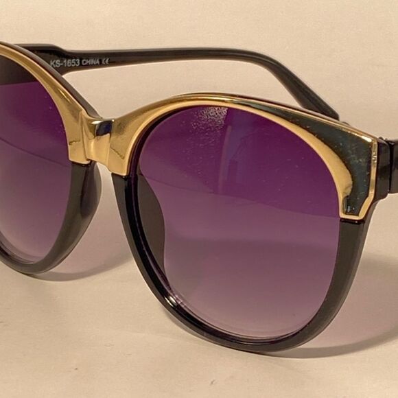 Evita Round Eyebrow Sunglasses Black with Gold Detail New - Picture 8 of 9